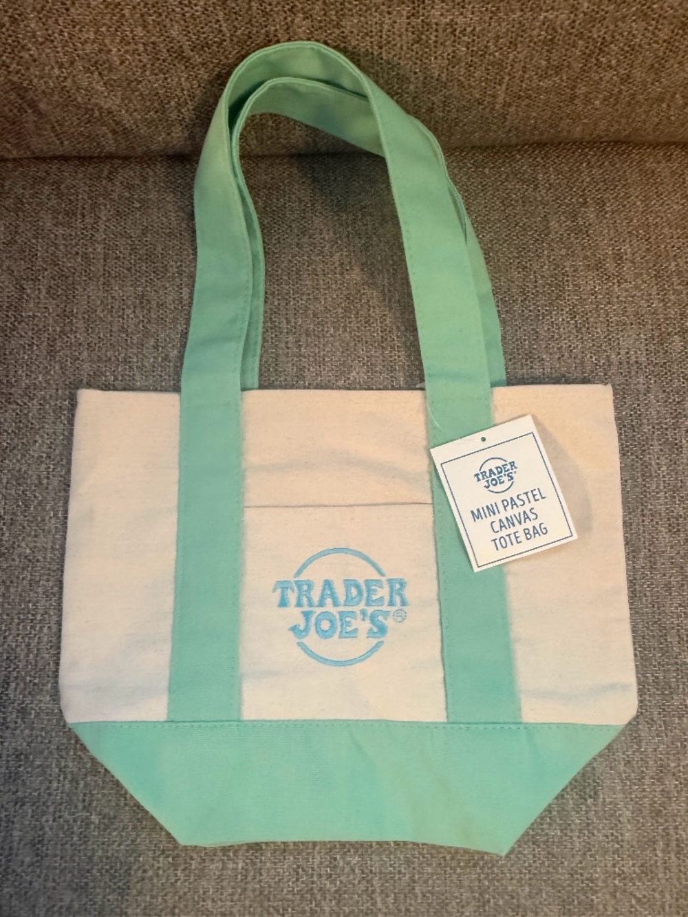 NWT | Trader Joe's Pastel Mini Canvas Tote | Green with Blue Logo